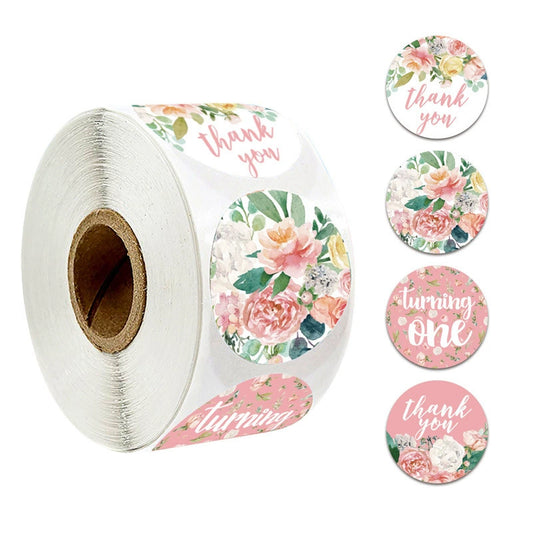2.5cm Pink Floral Thank You Stickers – 500pcs Roll