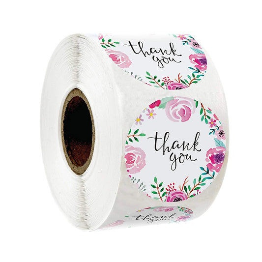 2.5cm Pink Floral Thank You Stickers – 500pcs Roll