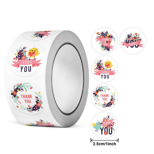 2.5cm Bird & Floral Thank You Stickers – 500pcs Roll