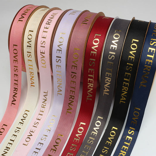 Love Is Eternal Satin Ribbon – 2.5 cm x 40 yd Gold Foil Print x 6 rolls