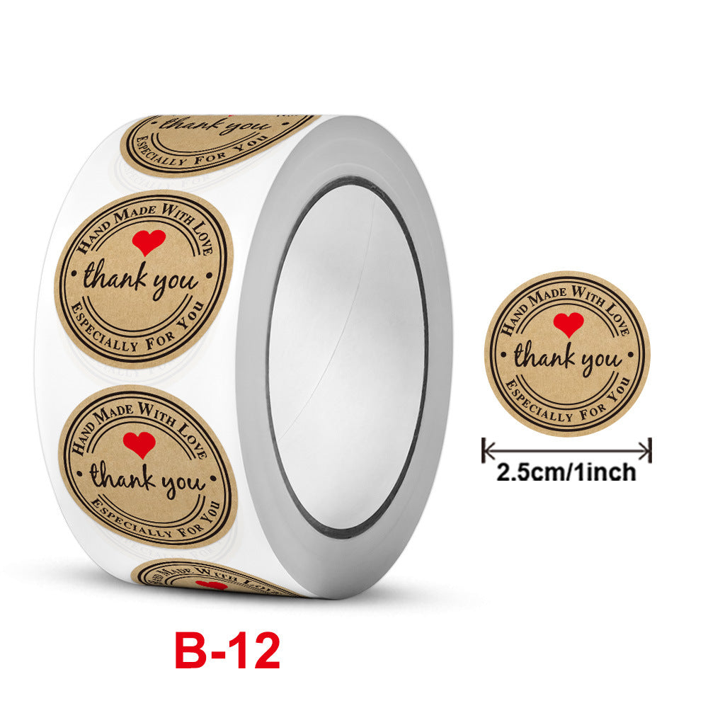 2.5cm Kraft Paper Handmade Thank You Stickers with Red Heart – 500pcs Roll
