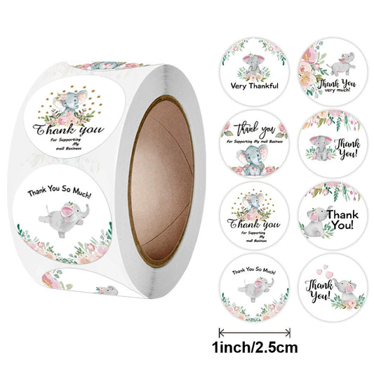 2.5cm Floral Elephant Thank You Stickers – 500pcs Roll