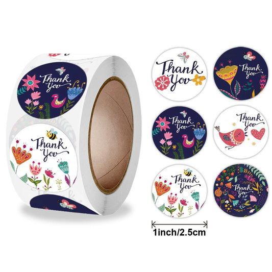 2.5cm Colorful Floral & Bird Thank You Stickers – 500pcs Roll