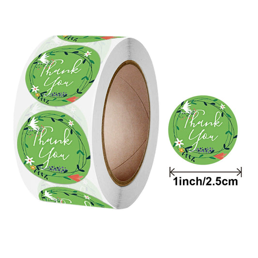 2.5cm Green Floral Thank You Stickers – 500pcs Roll